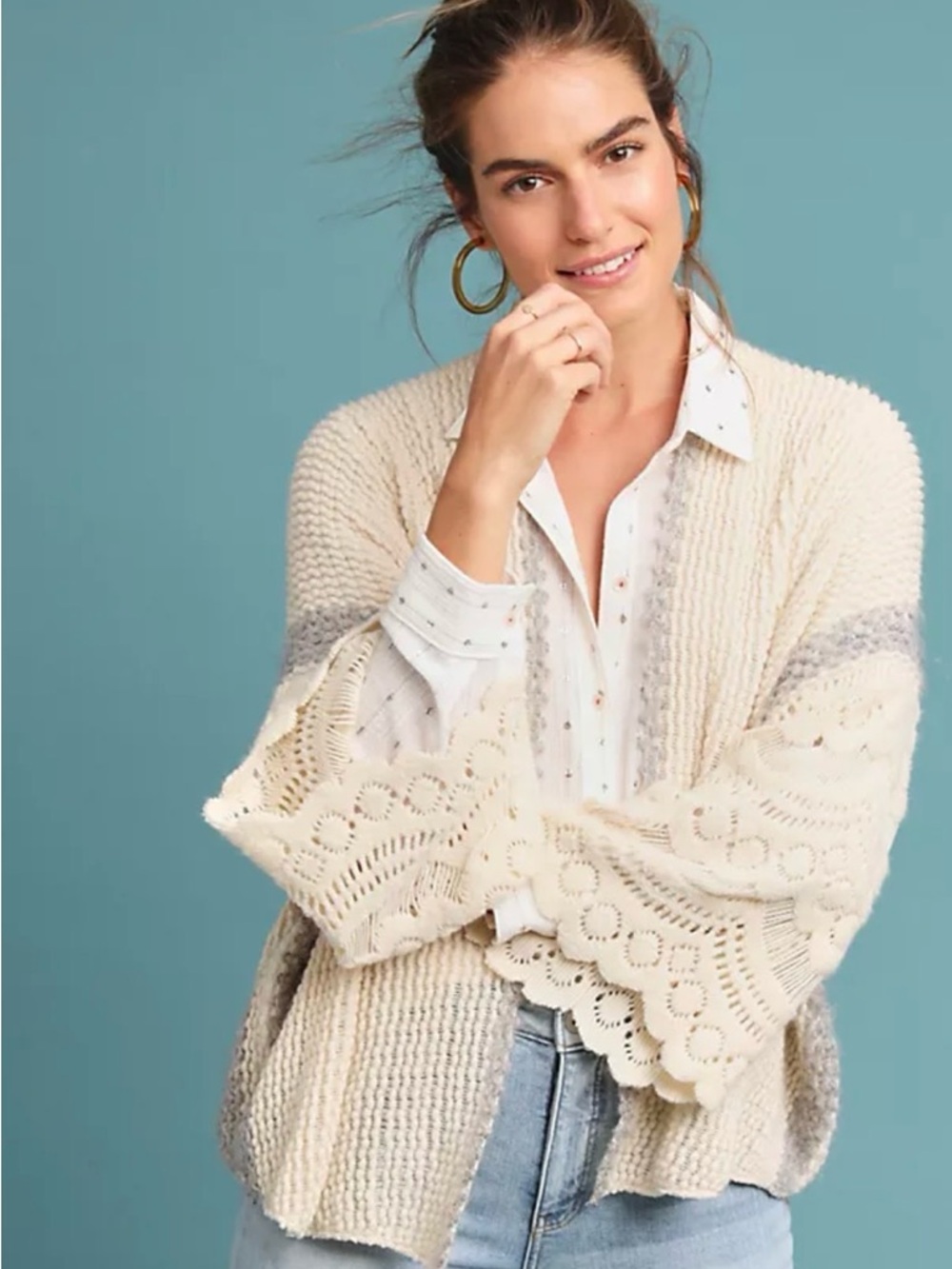Anthropologie Cream & Gray Open Front Crochet Sleeve Cardigan